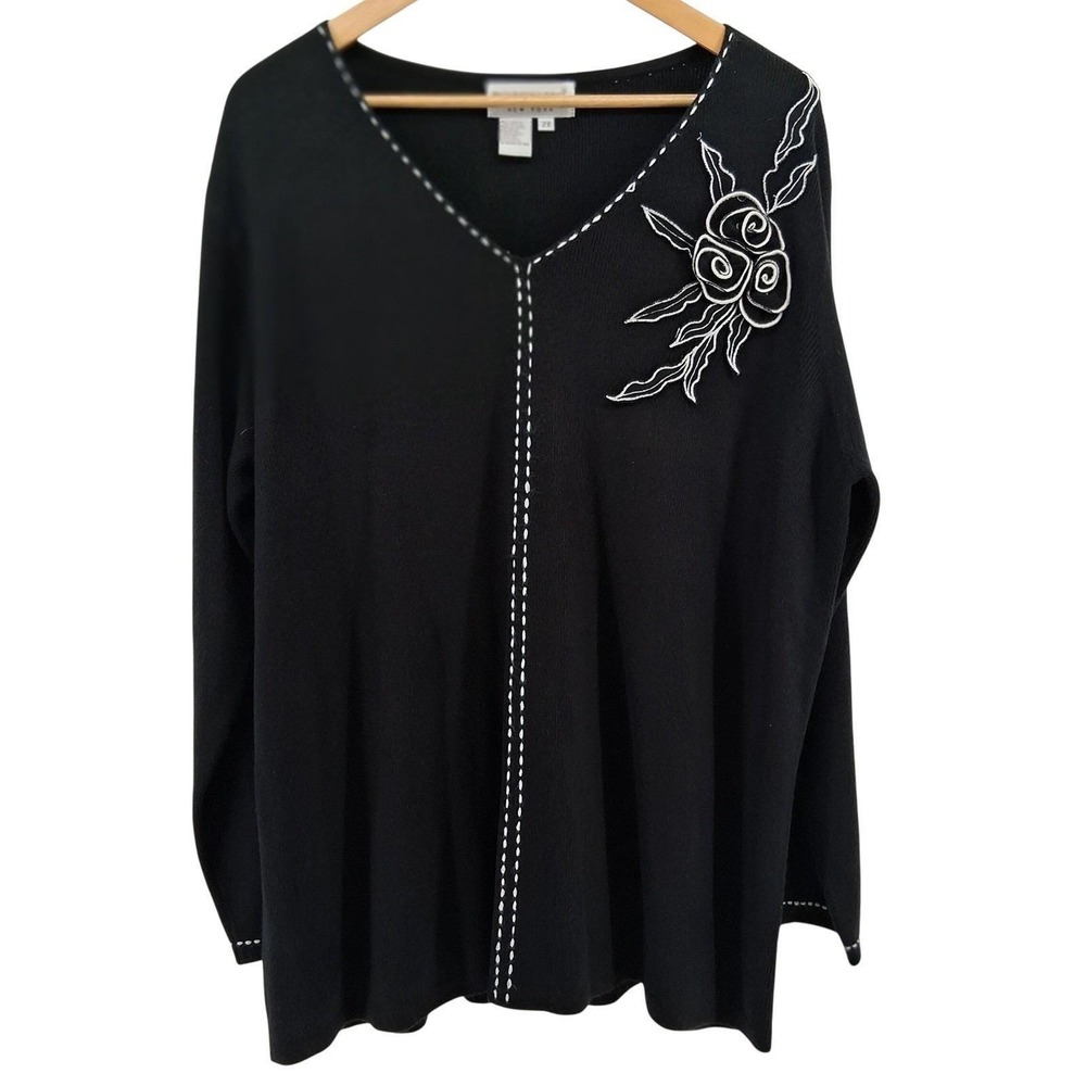 Brownstone Studio NY Womens 2X Black Sweater 3D Floral Applique V Neck Artwear